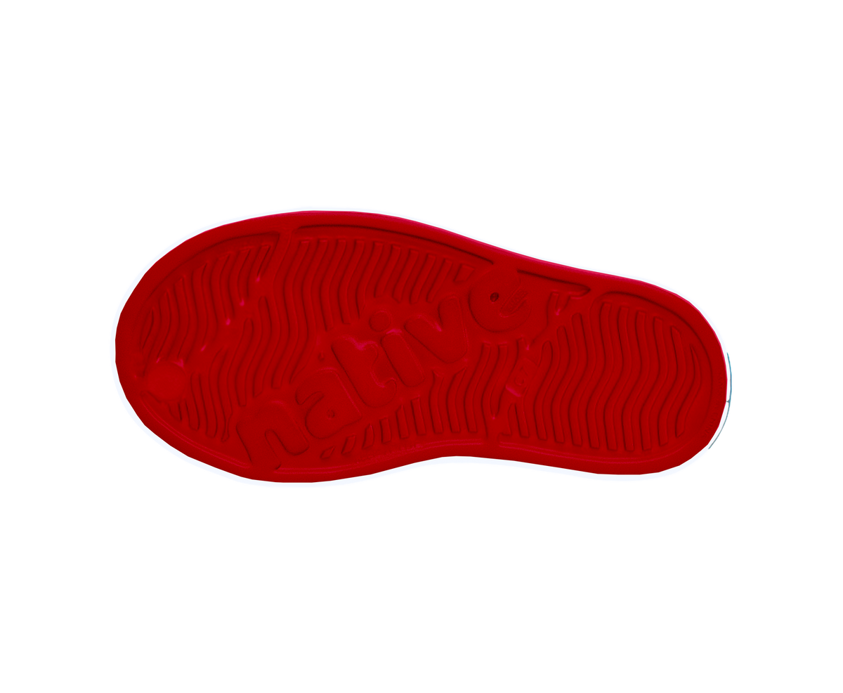 Bottom view of a Native Shoes Kids Jefferson Print Kids | Ruby Red / Shell White / Heart Fireworks Footwear in Ruby Red / Shell White / Heart Fireworks