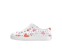 Side view of a Native Shoes Kids Jefferson Print Kids Footwear in Shell White / Shell White / Heart Graffiti