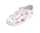 Angled view of a Native Shoes Kids Jefferson Print Kids | Shell White / Shell White / Heart Graffiti Footwear in Shell White / Shell White / Heart Graffiti