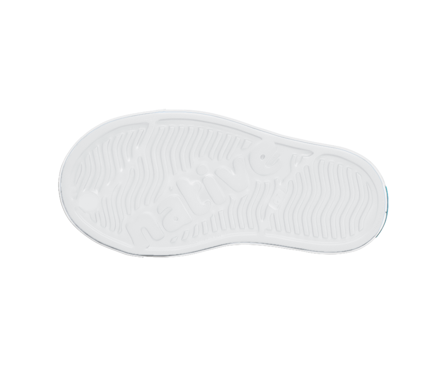 Bottom view of a Native Shoes Kids Jefferson Print Kids | Shell White / Shell White / Flux Alpine Dino Footwear in Shell White / Shell White / Flux Alpine Dino