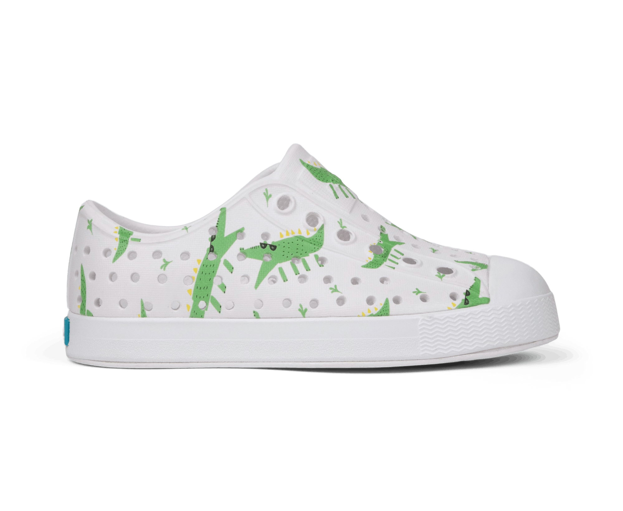 Side view of a Native Shoes Kids Jefferson Print Kids Footwear in Shell White / Shell White / Alligators