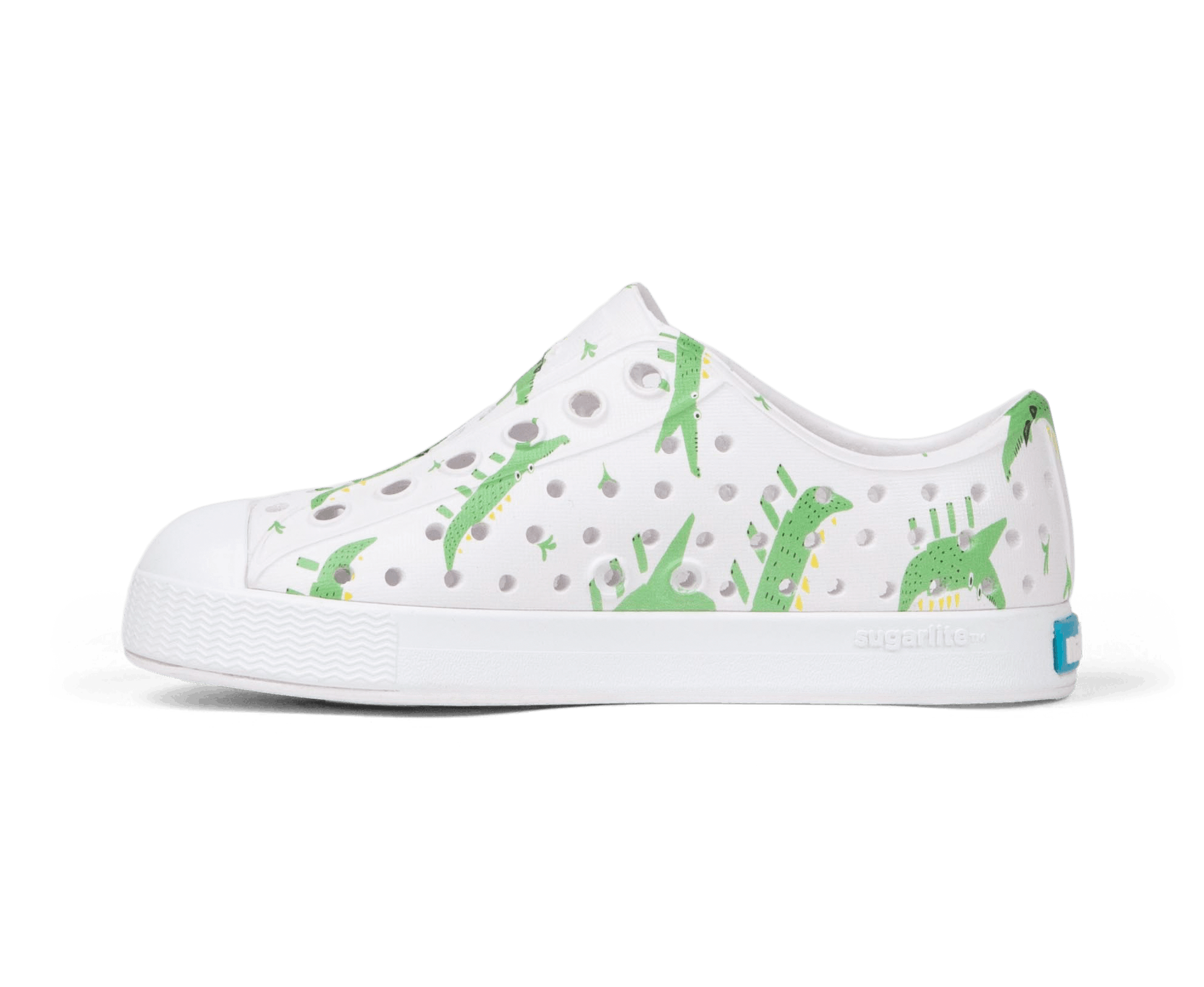 Bottom view of a Native Shoes Kids Jefferson Print Kids | Shell White / Shell White / Alligators Footwear in Shell White / Shell White / Alligators