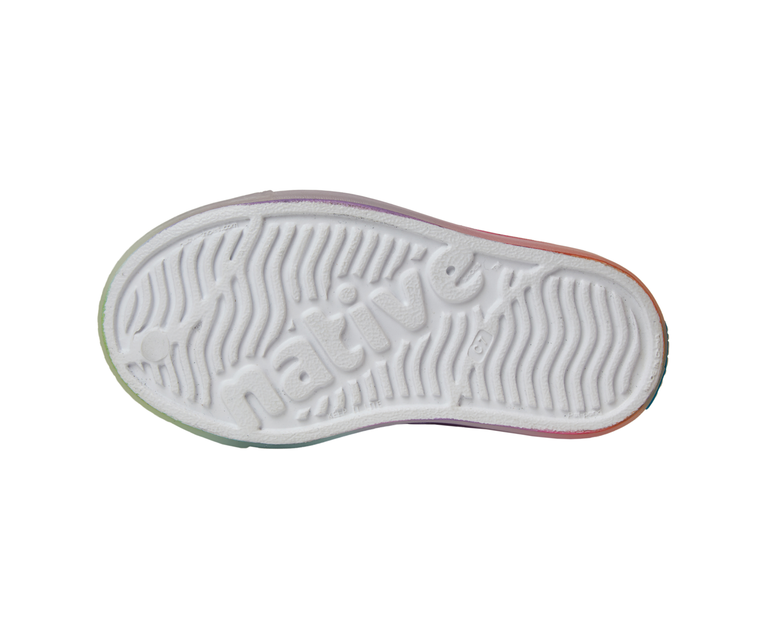 Bottom view of a Native Shoes Kids Jefferson Print Kids | Shell White / Transparent / Rainbow Spray Footwear in Shell White / Transparent / Rainbow Spray