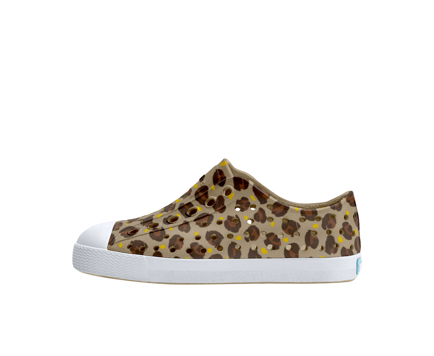 Side view of a Native Shoes Kids Jefferson Print Kids Footwear in Flax Tan / Shell White / Freesia Leopard