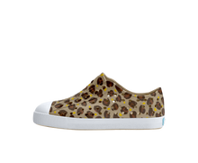 Side view of a Native Shoes Kids Jefferson Print Kids Footwear in Flax Tan / Shell White / Freesia Leopard