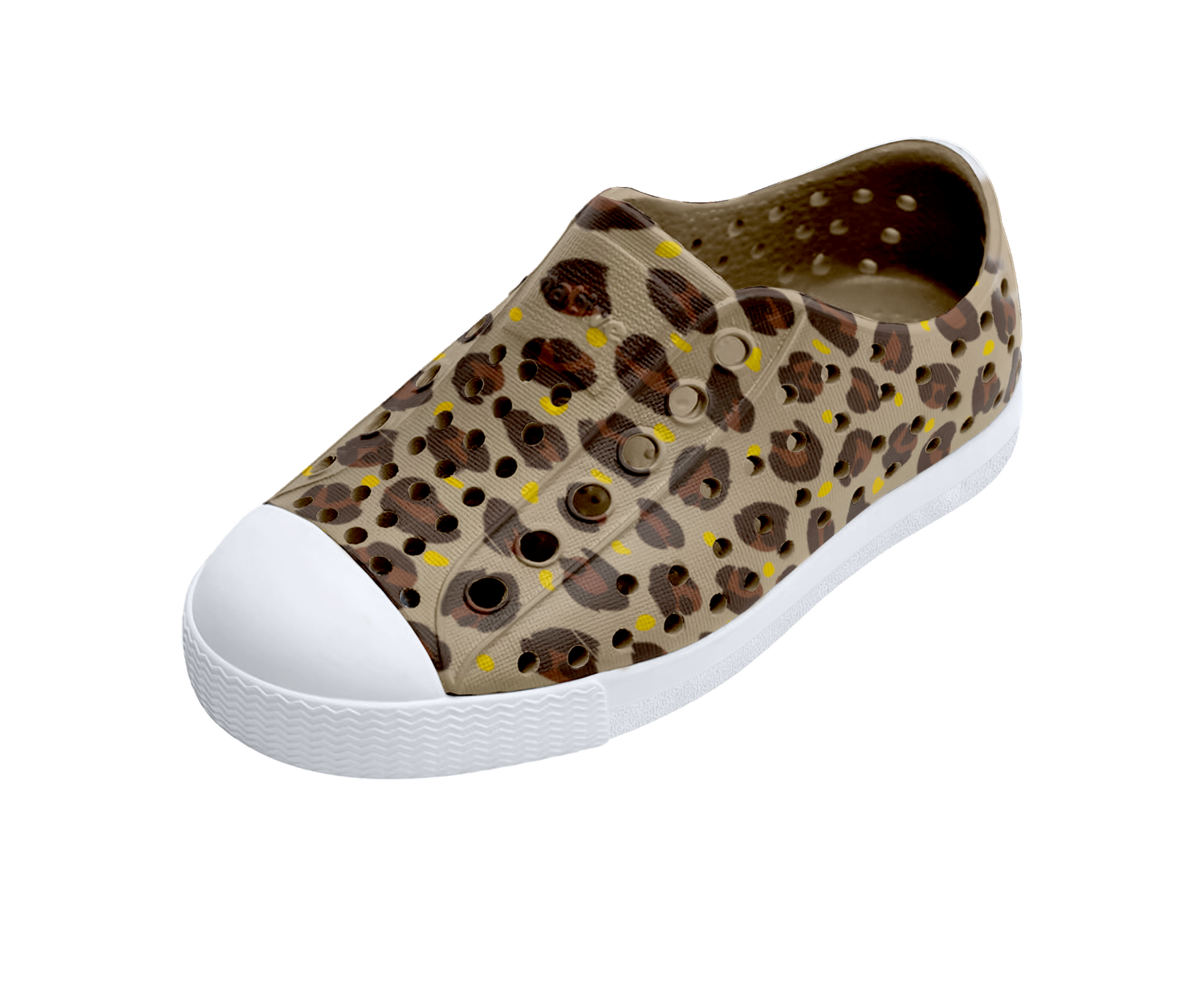 Angled view of a Native Shoes Kids Jefferson Print Kids | Flax Tan / Shell White / Freesia Leopard Footwear in Flax Tan / Shell White / Freesia Leopard