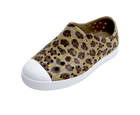 Angled view of a Native Shoes Kids Jefferson Print Kids | Flax Tan / Shell White / Freesia Leopard Footwear in Flax Tan / Shell White / Freesia Leopard