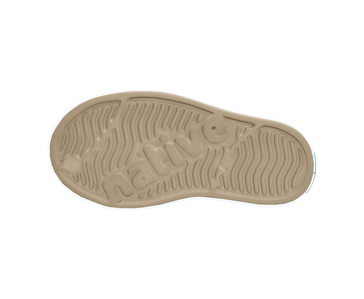 Bottom view of a Native Shoes Kids Jefferson Print Kids | Flax Tan / Shell White / Freesia Leopard Footwear in Flax Tan / Shell White / Freesia Leopard