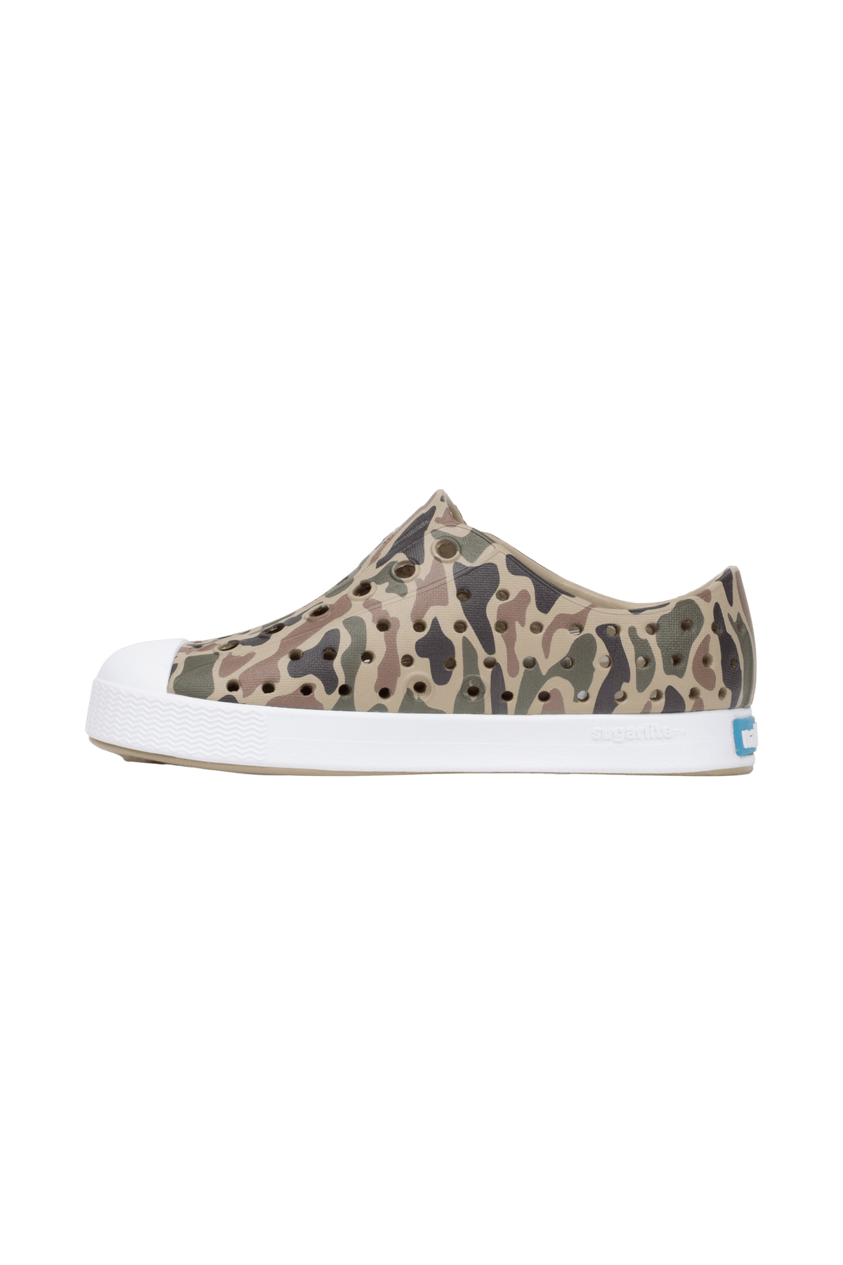 Angled view of a Native Shoes Kids Jefferson Print Kids | Flxtn/Shlwht/Tuffcamo Footwear in Flxtn/Shlwht/Tuffcamo