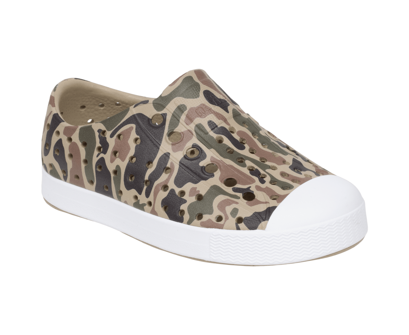 Bottom view of a Native Shoes Kids Jefferson Print Kids | Flxtn/Shlwht/Tuffcamo Footwear in Flxtn/Shlwht/Tuffcamo