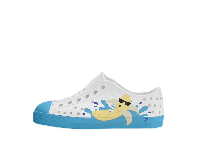 Side view of a Native Shoes Kids Jefferson Block Kids Footwear in Shell White / Aquarius Blue / Banana Block