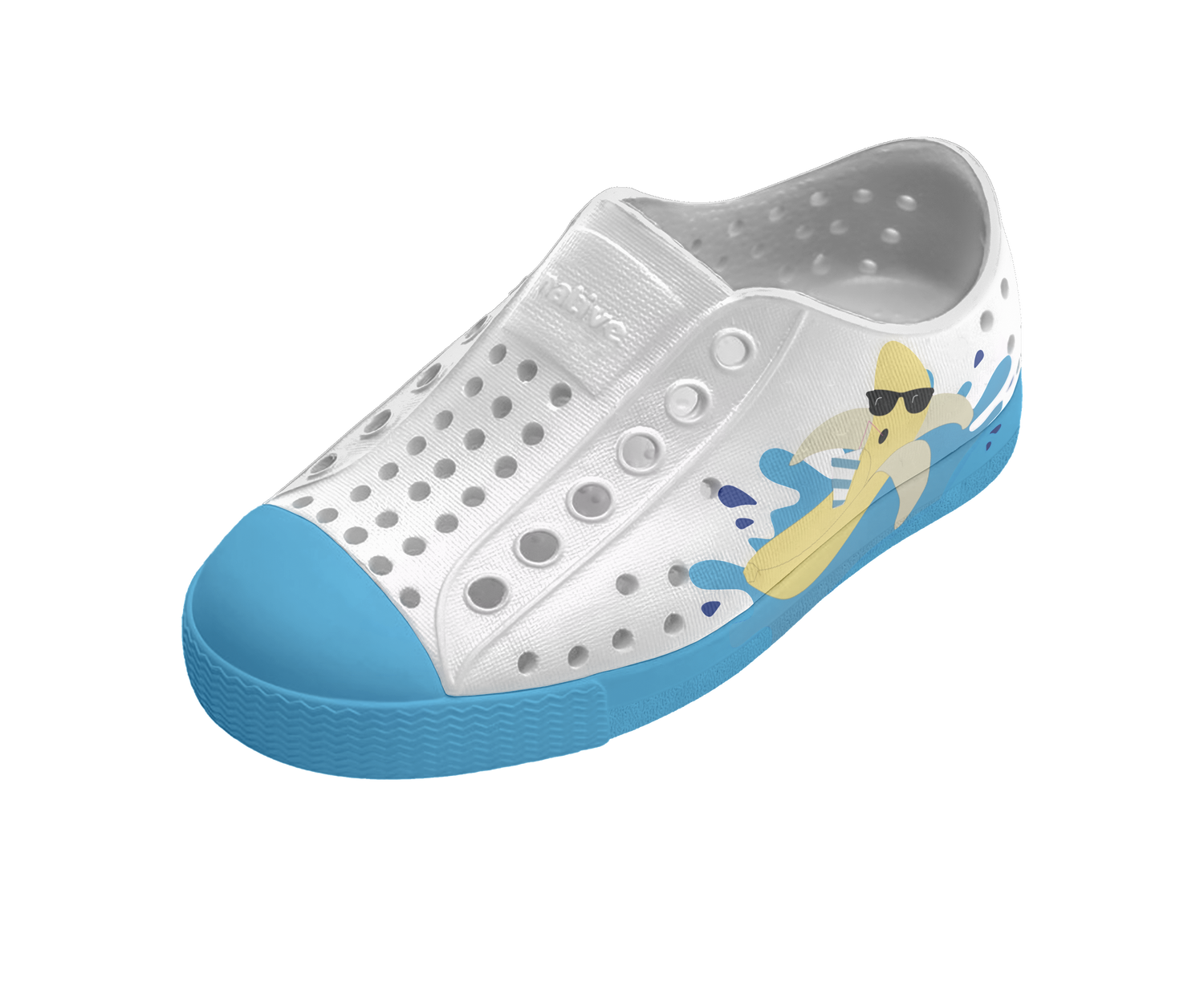 Angled view of a Native Shoes Kids Jefferson Block Kids | Shell White / Aquarius Blue / Banana Block Footwear in Shell White / Aquarius Blue / Banana Block