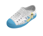 Angled view of a Native Shoes Kids Jefferson Block Kids | Shell White / Aquarius Blue / Banana Block Footwear in Shell White / Aquarius Blue / Banana Block