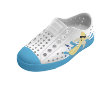 Angled view of a Native Shoes Kids Jefferson Block Kids | Shell White / Aquarius Blue / Banana Block Footwear in Shell White / Aquarius Blue / Banana Block