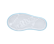 Bottom view of a Native Shoes Kids Jefferson Block Kids | Shell White / Aquarius Blue / Banana Block Footwear in Shell White / Aquarius Blue / Banana Block