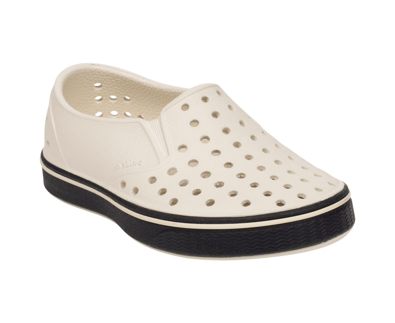 Bottom view of a Native Shoes Kids Miles Kids | Bnwht/Jfyblk Footwear in Bnwht/Jfyblk