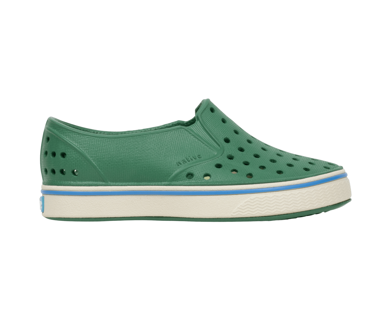 Angled view of a Native Shoes Kids Miles Kids | Hntrgr/Bnwht Footwear in Hntrgr/Bnwht