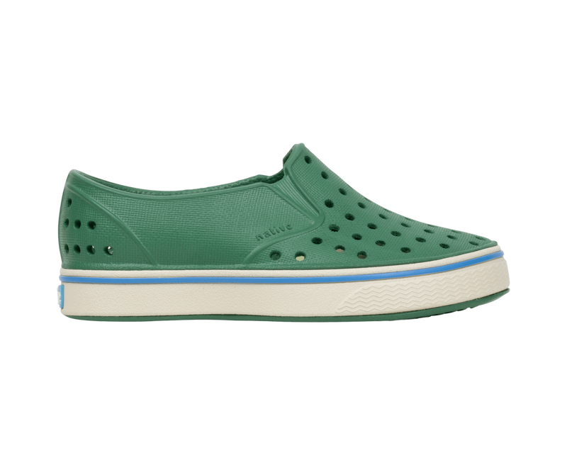 Angled view of a Native Shoes Kids Miles Kids | Hntrgr/Bnwht Footwear in Hntrgr/Bnwht