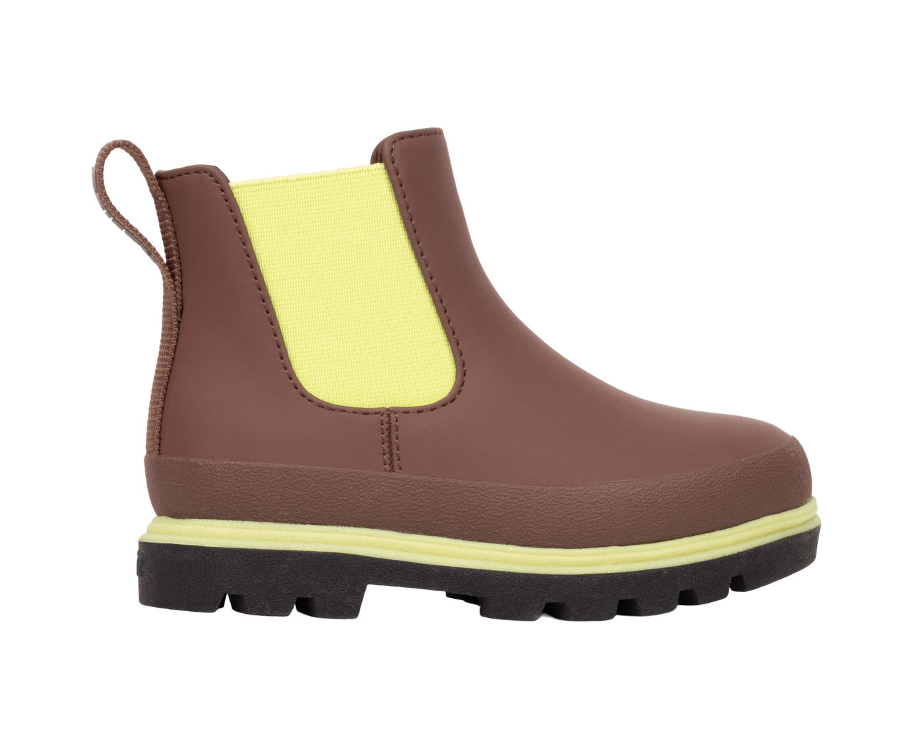 Side view of a Native Shoes Kids Kensington Chelsea Kids Footwear in Bitbr/Jfyblk/Kingr