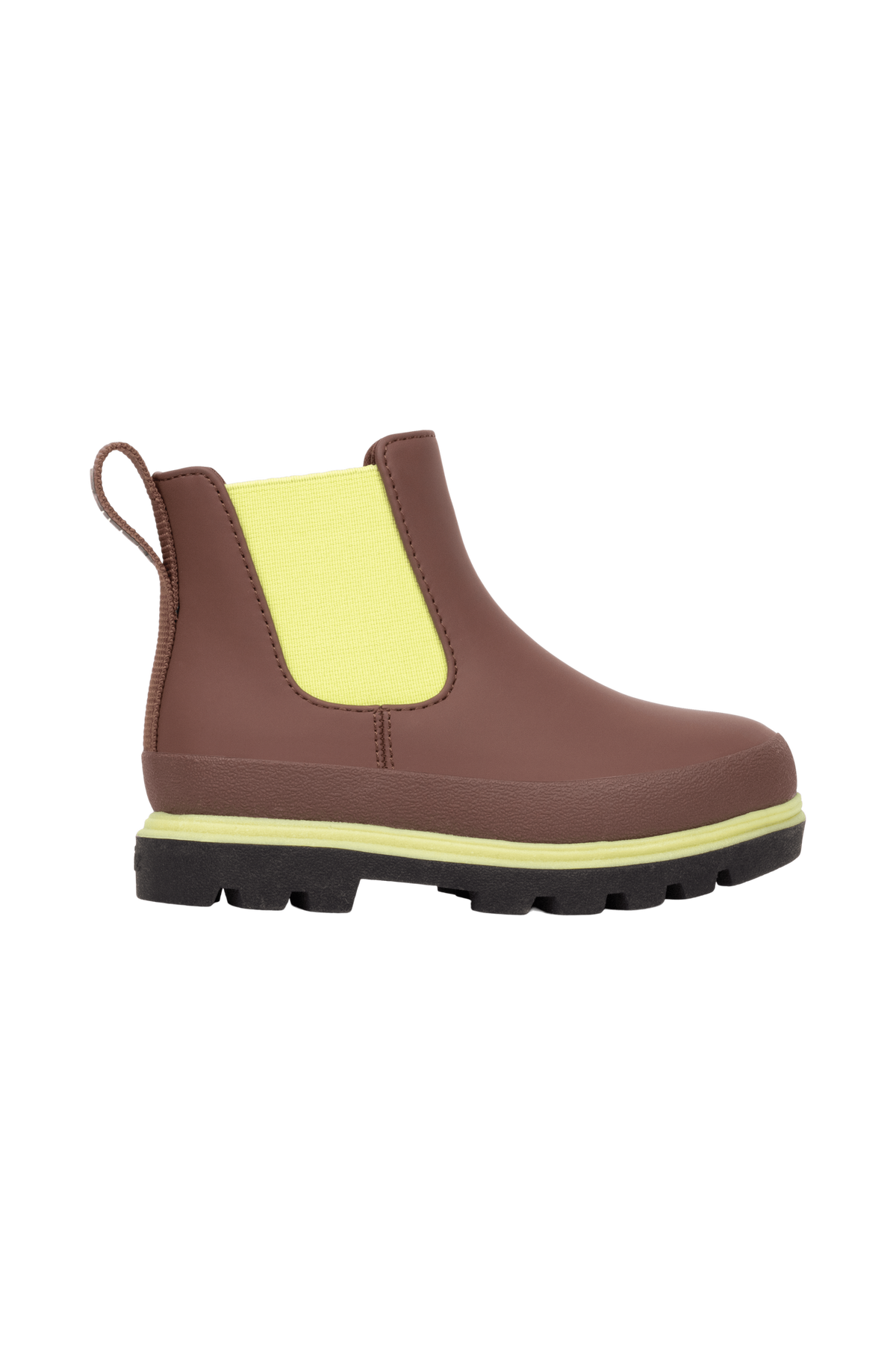 Side view of a Native Shoes Kids Kensington Chelsea Kids Footwear in Bitbr/Jfyblk/Kingr