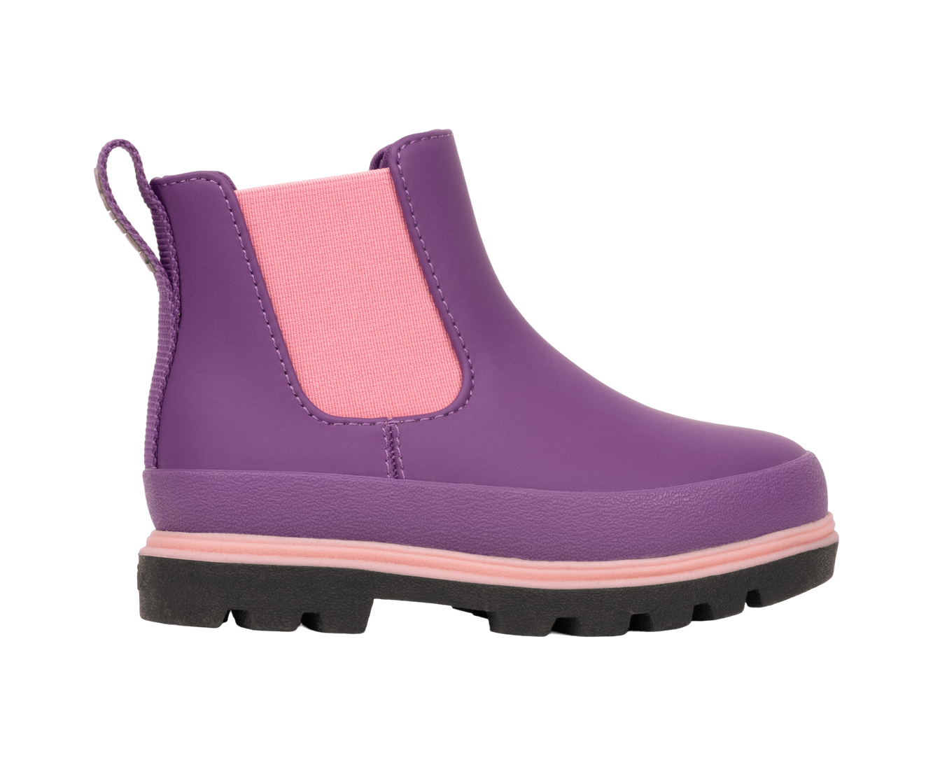 Side view of a Native Shoes Kids Kensington Chelsea Kids Footwear in Orcprp/Jfyblk/Parapnk