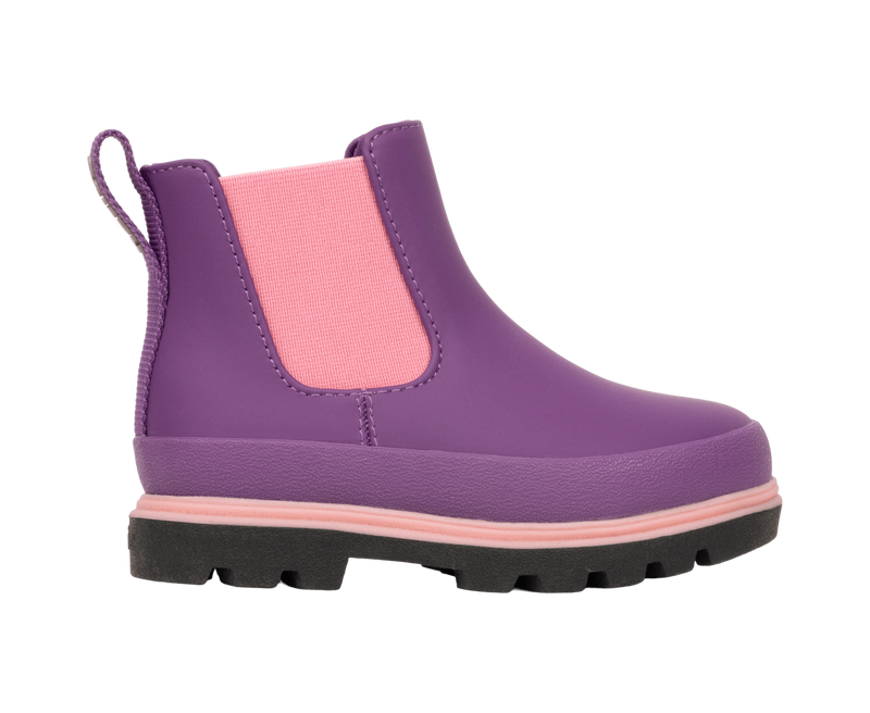 Side view of a Native Shoes Kids Kensington Chelsea Kids Footwear in Orcprp/Jfyblk/Parapnk