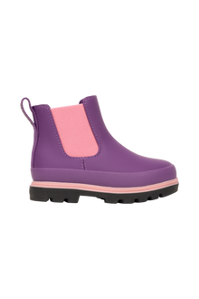 Side view of a Native Shoes Kids Kensington Chelsea Kids Footwear in Orcprp/Jfyblk/Parapnk