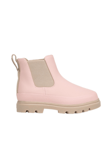 Side view of a Native Shoes Kids Kensington Chelsea Kids Footwear in Chameleon Pink / Flax Tan