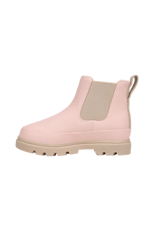 Angled view of a Native Shoes Kids Kensington Chelsea Kids | Chameleon Pink / Flax Tan Footwear in Chameleon Pink / Flax Tan