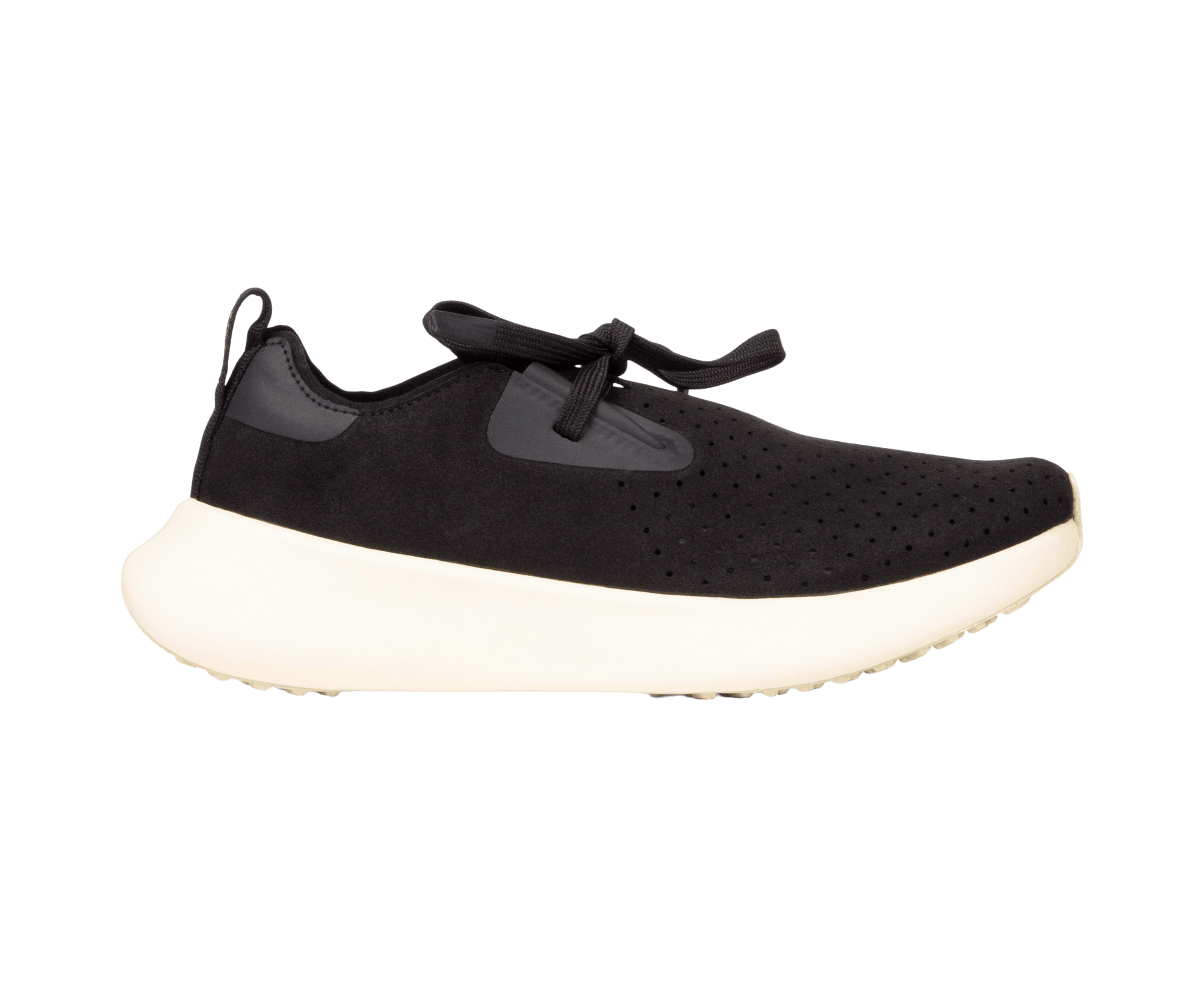 Side view of a Native Shoes Adults Apollo 10 Footwear in Jiffy Black / Tapioca Off White