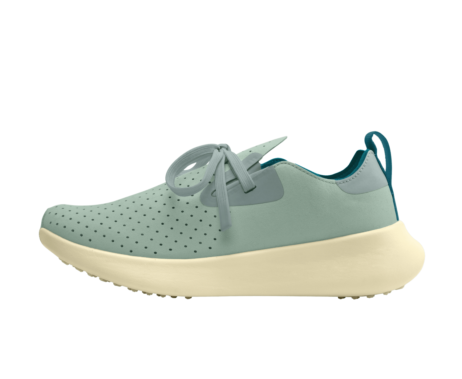 Side view of a Native Shoes Adults Apollo 10 Footwear in Relax Green / Tapioca Off White