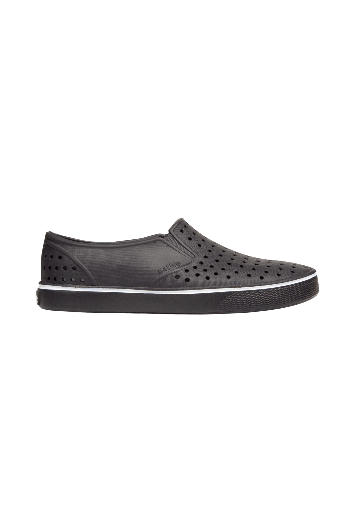 Side view of a Native Shoes Adults Miles Wanderfoam Footwear in Jiffy Black / Jiffy Black