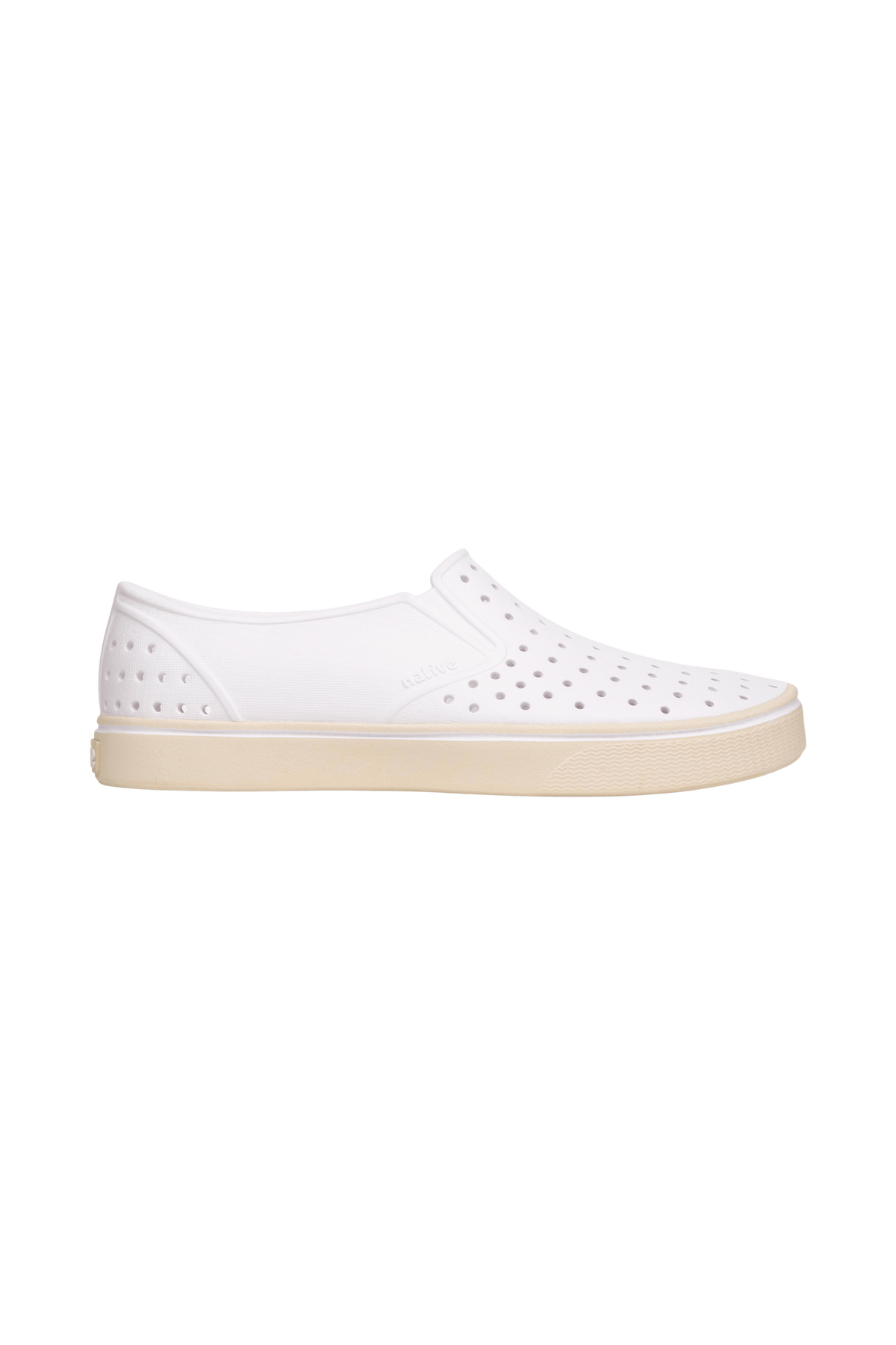 Side view of a Native Shoes Adults Miles Wanderfoam Footwear in Shell White / Bone White