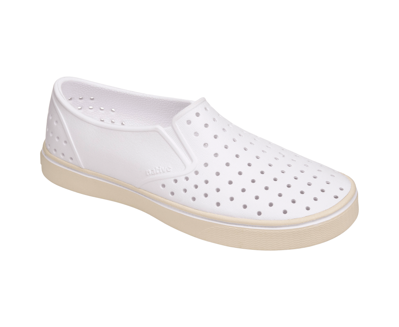 Bottom view of a Native Shoes Miles Wanderfoam | Shell White / Bone White Footwear in Shell White / Bone White