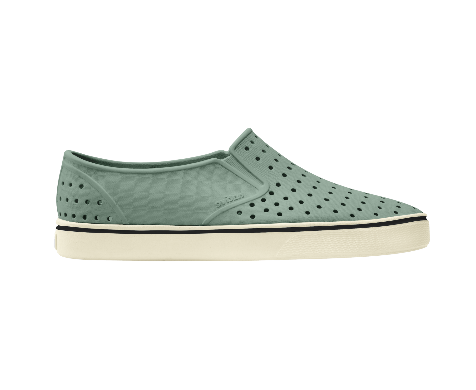 Side view of a Native Shoes Adults Miles Wanderfoam Footwear in Relax Green / Bone White