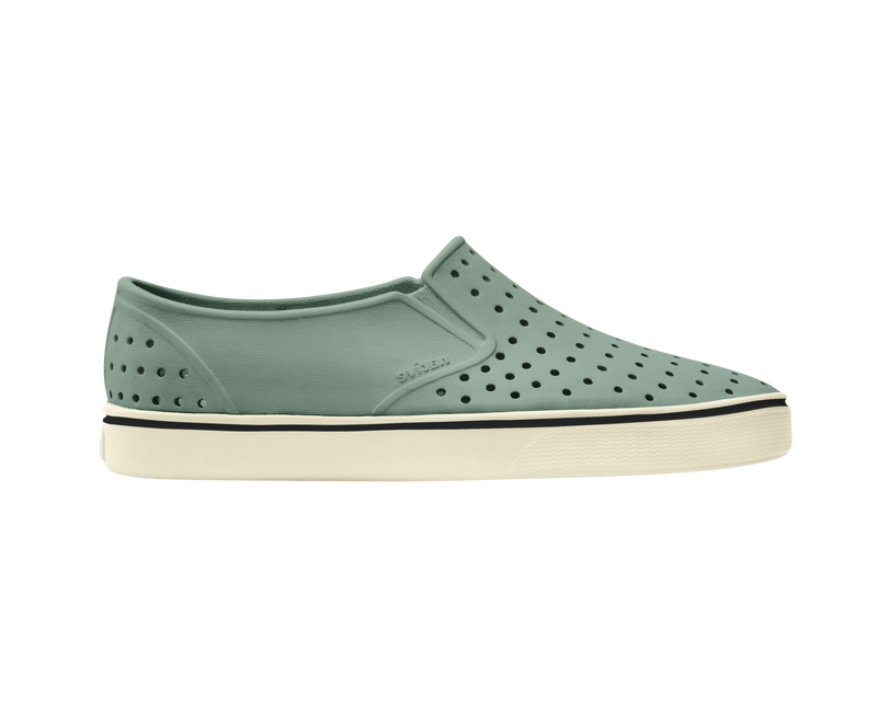 Side view of a Native Shoes Adults Miles Wanderfoam Footwear in Relax Green / Bone White