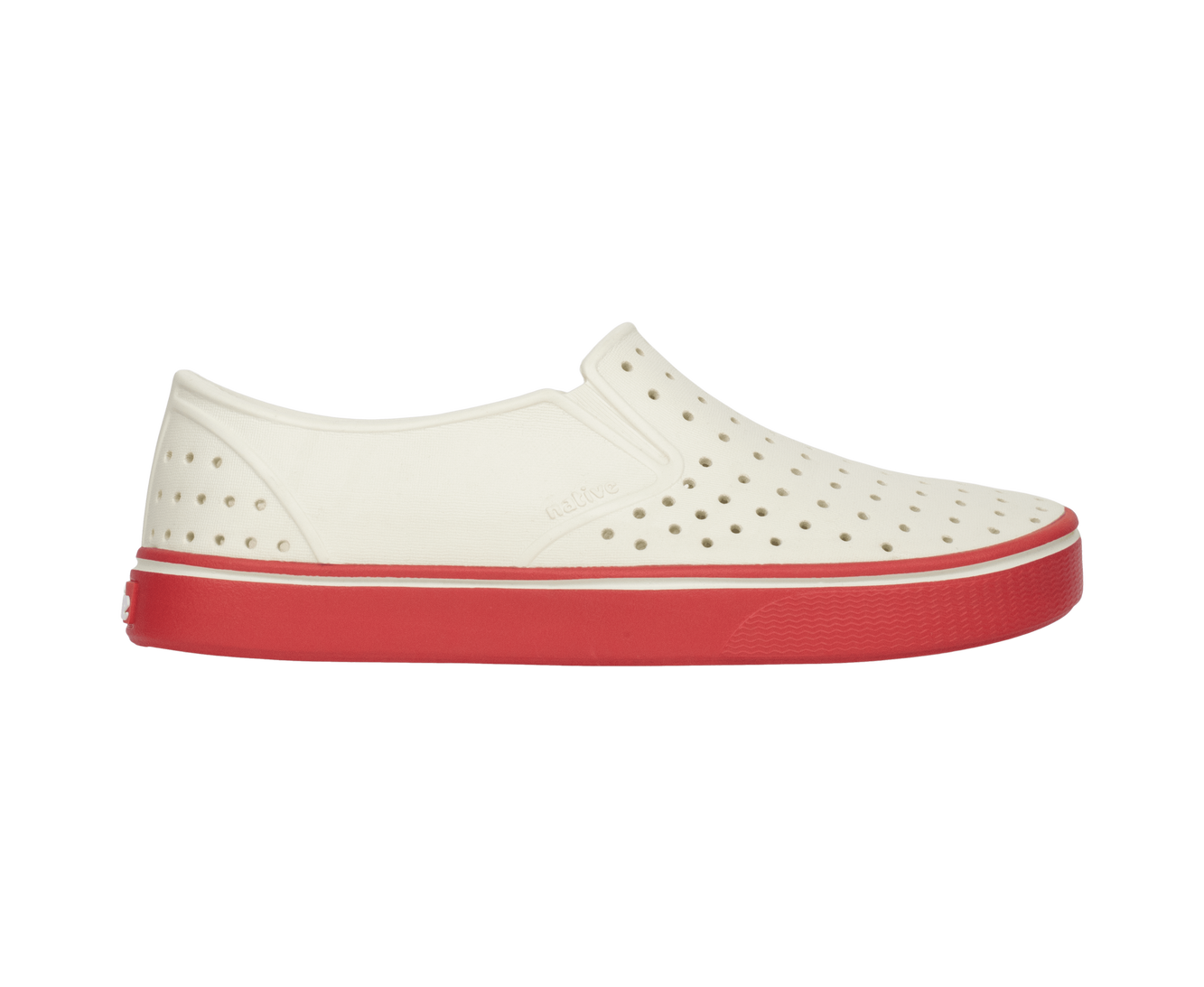 Side view of a Native Shoes Adults Miles Wanderfoam Footwear in Bnwht/Luckrd