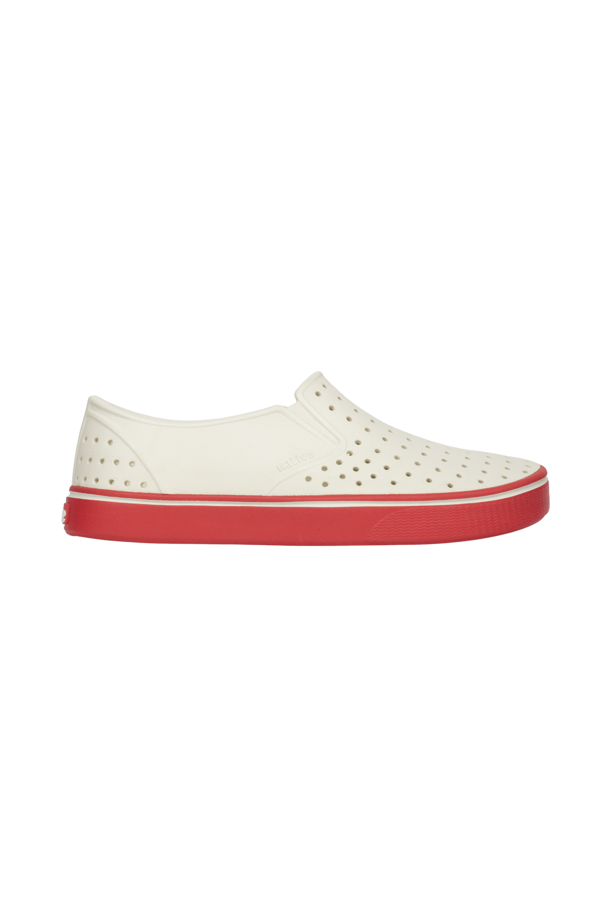 Side view of a Native Shoes Adults Miles Wanderfoam Footwear in Bnwht/Luckrd