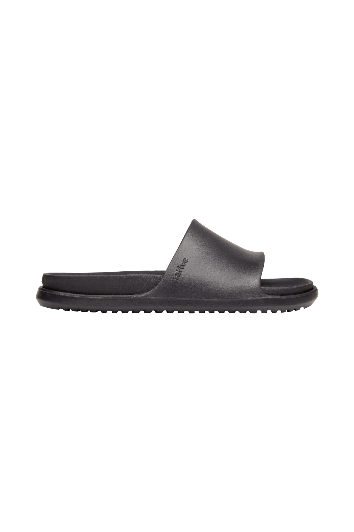 Side view of a Native Shoes Adults Spencer Lx Wanderfoam Footwear in Jiffy Black / Jiffy Black