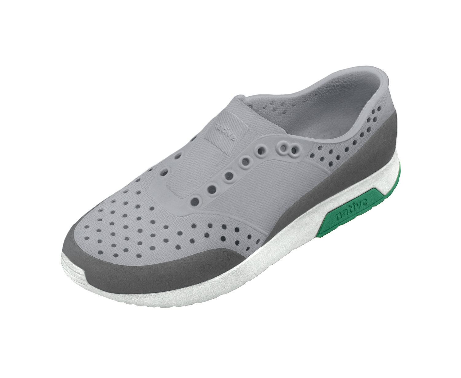 Angled view of a Native Shoes Lennox Wanderfoam Block | Mist Grey / Shell White / Satellite Alpine Footwear in Mist Grey / Shell White / Satellite Alpine
