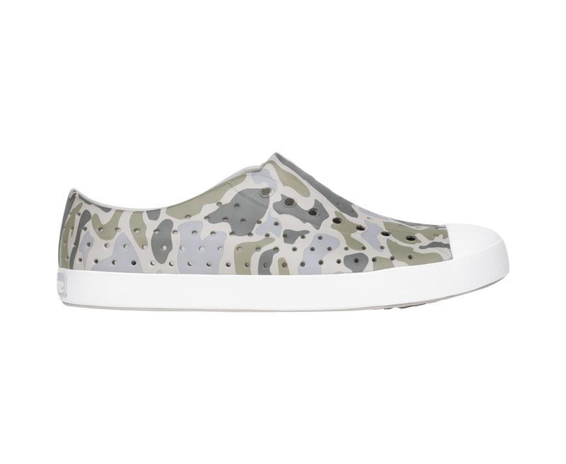 Side view of a Native Shoes Adults Jefferson Wanderfoam Print Footwear in Slkgry/Shlwht/Vetcamo