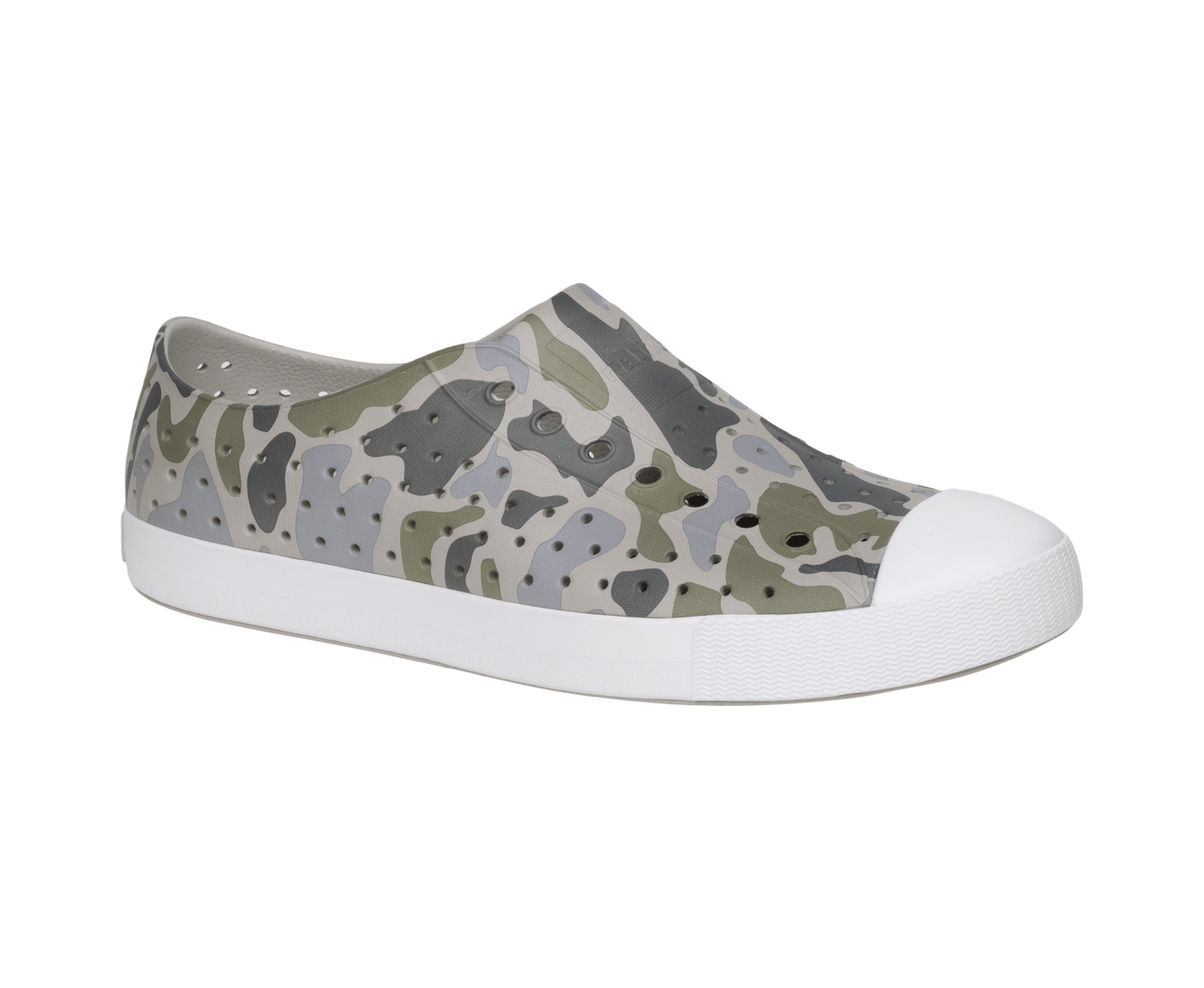 Bottom view of a Native Shoes Jefferson Wanderfoam Print | Slkgry/Shlwht/Vetcamo Footwear in Slkgry/Shlwht/Vetcamo