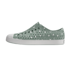 Side view of a Native Shoes Adults Jefferson Wanderfoam Print Footwear in Relax Green / Shell White / Freesia Star Badge