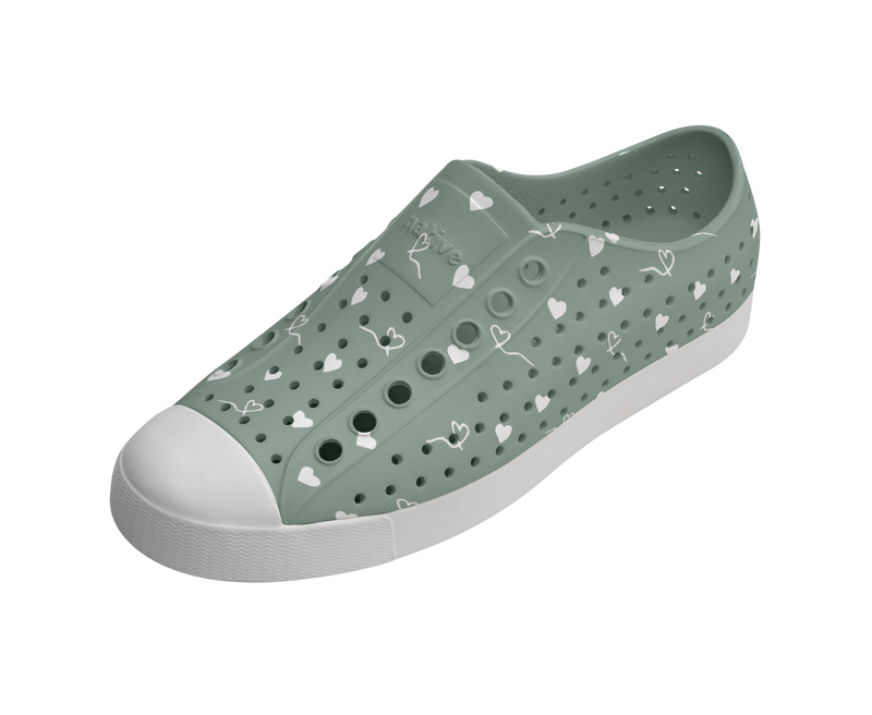 Angled view of a Native Shoes Jefferson Wanderfoam Print | Relax Green / Shell White / Freesia Star Badge Footwear in Relax Green / Shell White / Freesia Star Badge