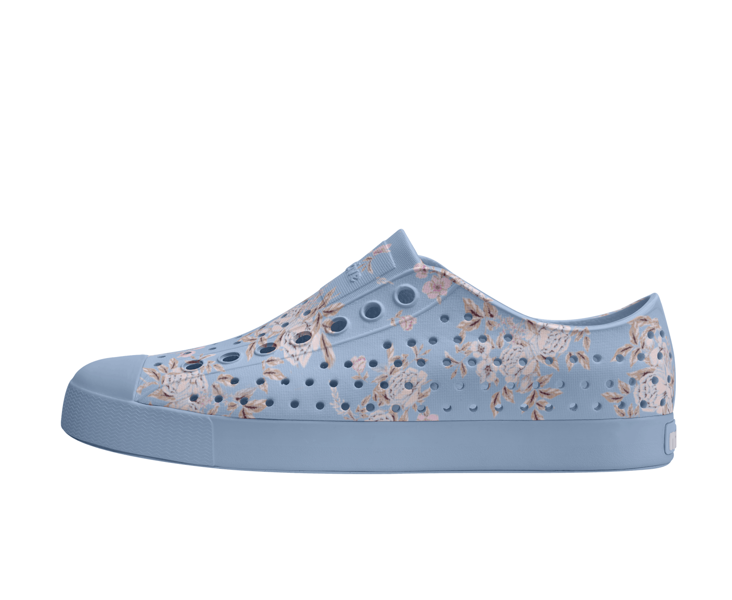 Side view of a Native Shoes Adults Jefferson Wanderfoam Print Footwear in Dawn Blue / Skyway Trans / Floral