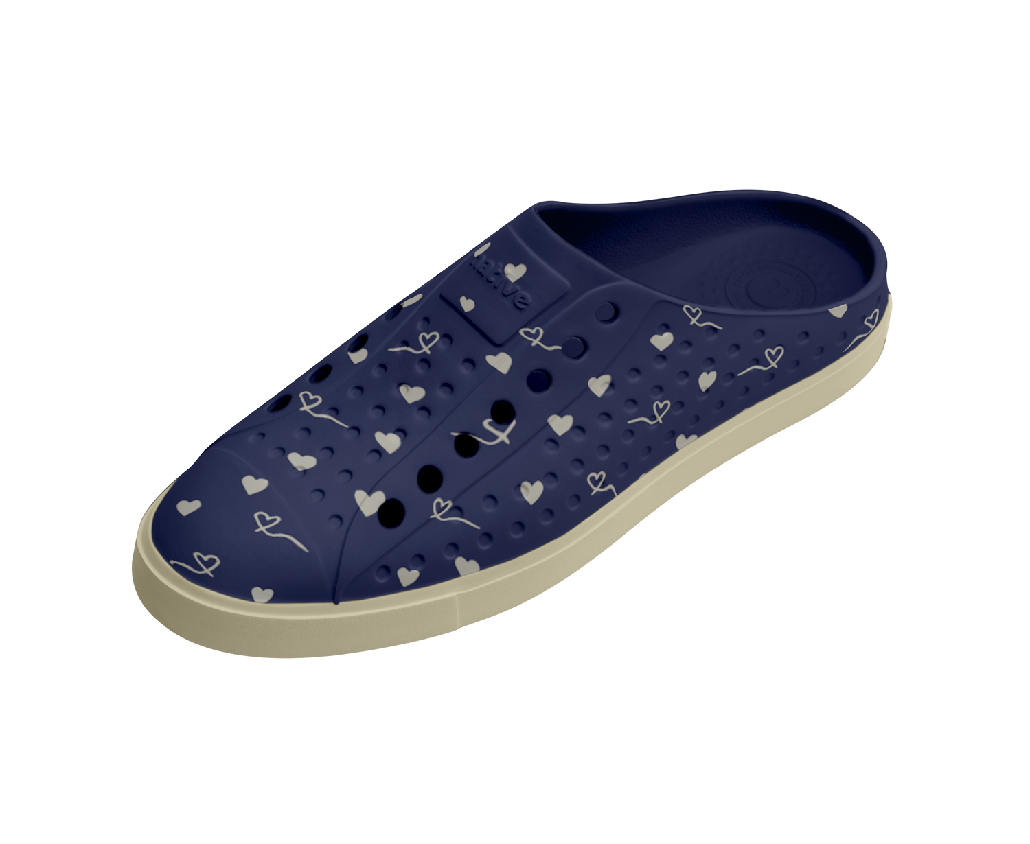 Angled view of a Native Shoes Jefferson Clog Wanderfoam Prnt | Bone White / Bone White / Regatta Hearts Footwear in Bone White / Bone White / Regatta Hearts