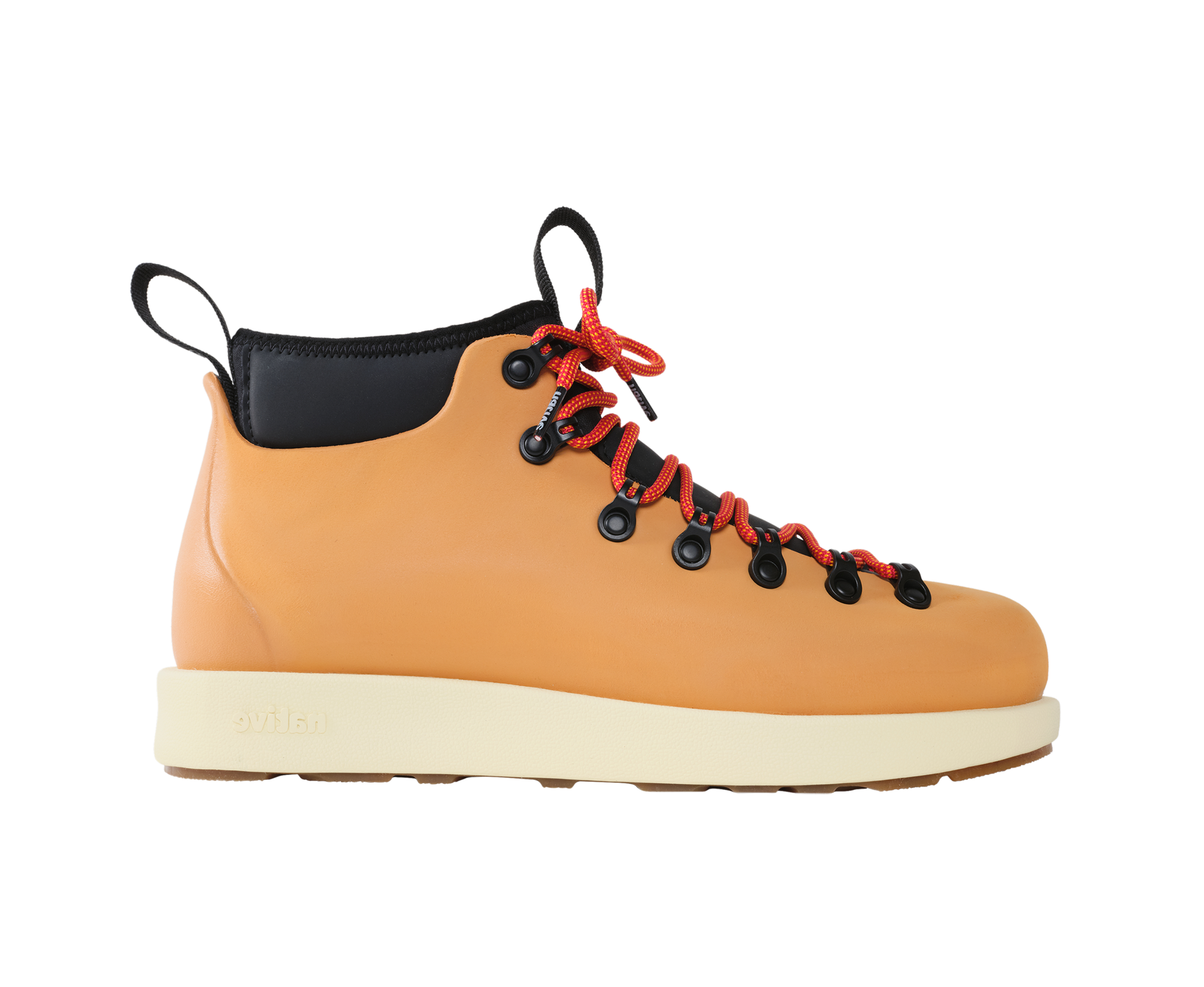 Side view of a Native Shoes Adults Fitzsimmons Venture Footwear in Quicksand Brown / Tapioca Off White