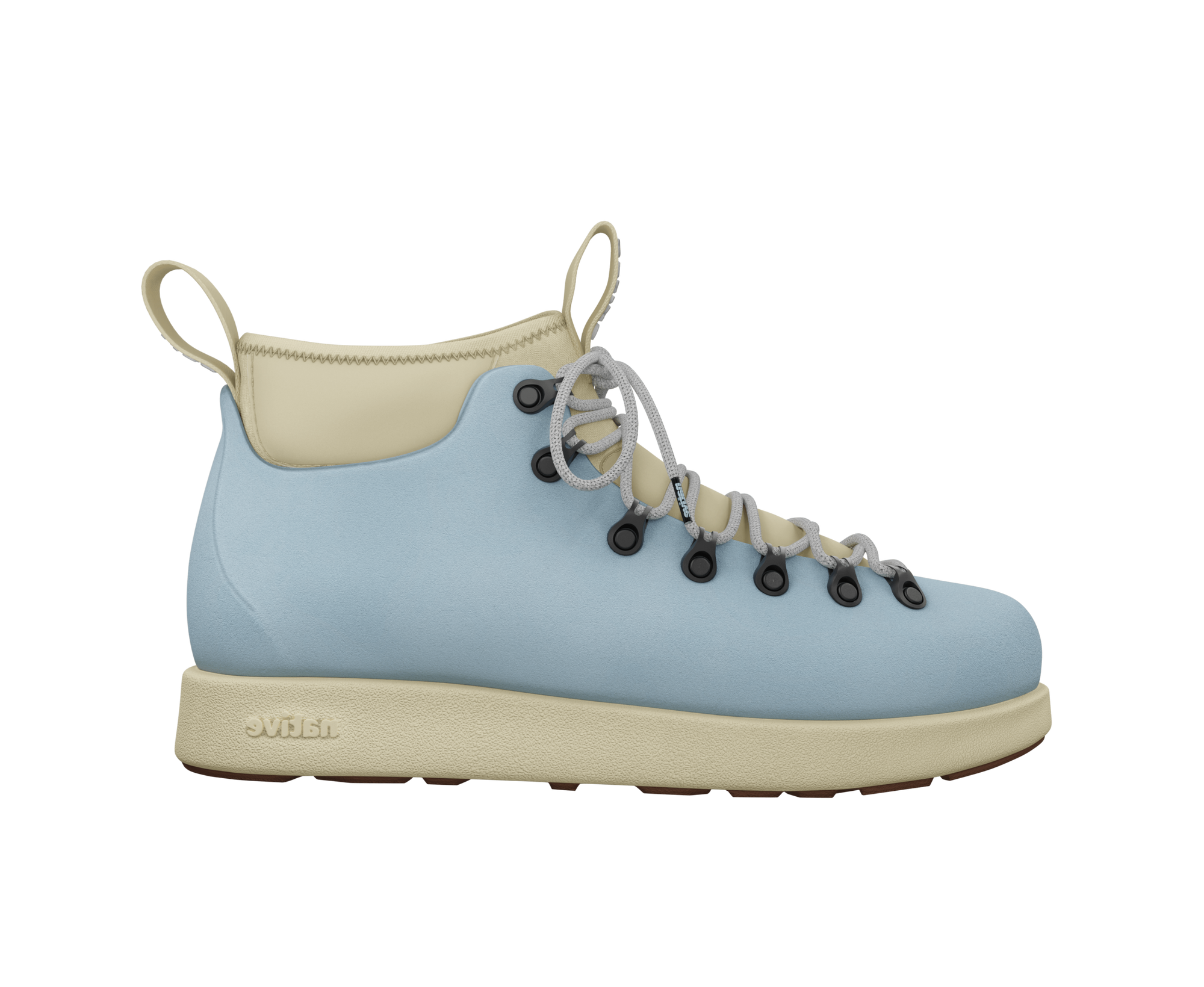 Side view of a Native Shoes Adults Fitzsimmons Venture Footwear in Air Blue / Tapioca Off White