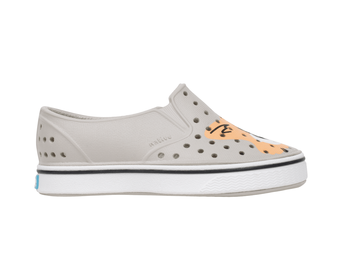 Side view of a Native Shoes Kids Miles Block Kids Footwear in Slkgry/Shlwht/Corgidogbloc