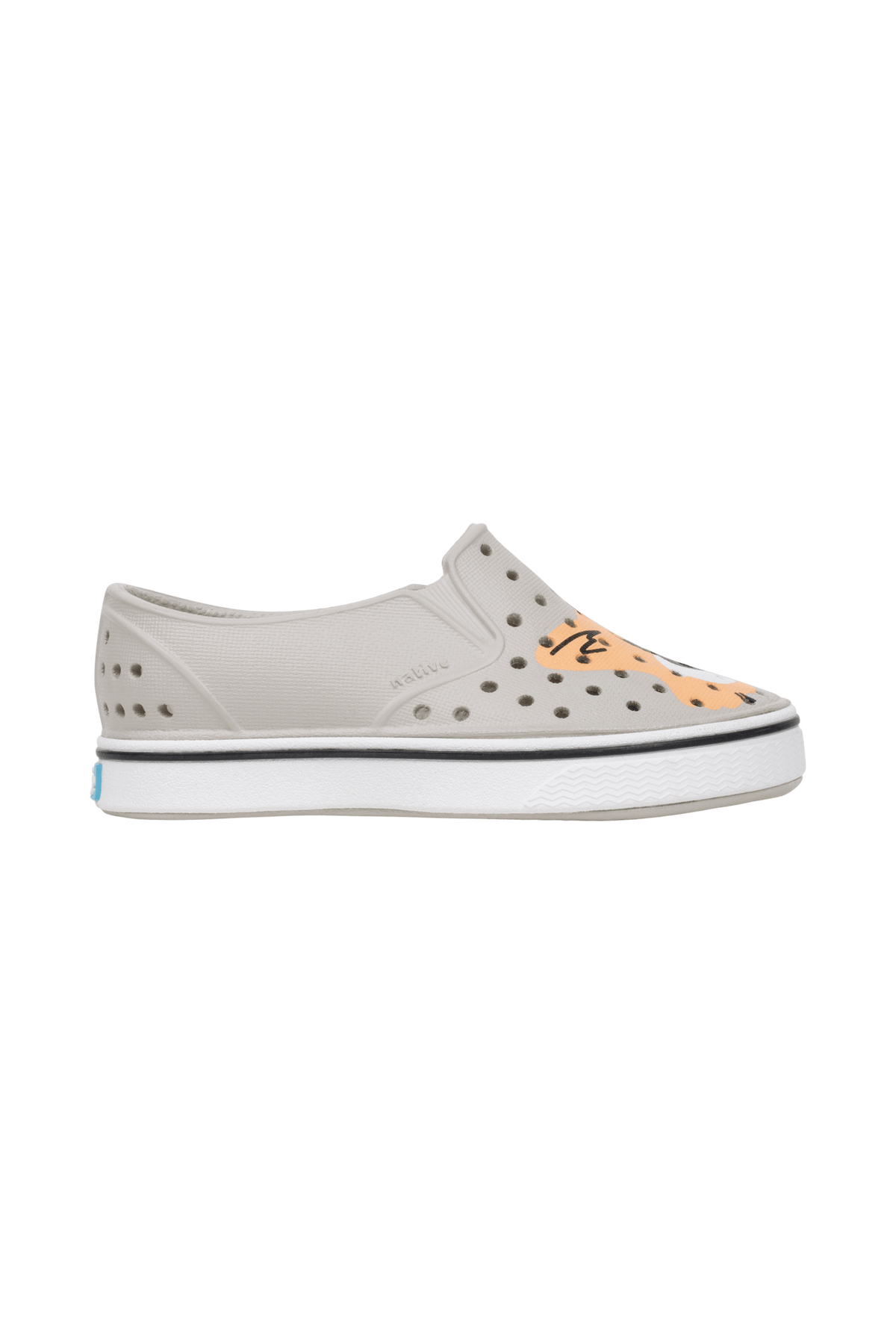 Side view of a Native Shoes Kids Miles Block Kids Footwear in Slkgry/Shlwht/Corgidogbloc